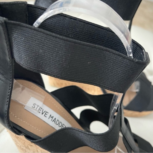 STEVE MADDEN SELINAH WEDGE SANDAL size 10 black and cork zipper back - Picture 14 of 15